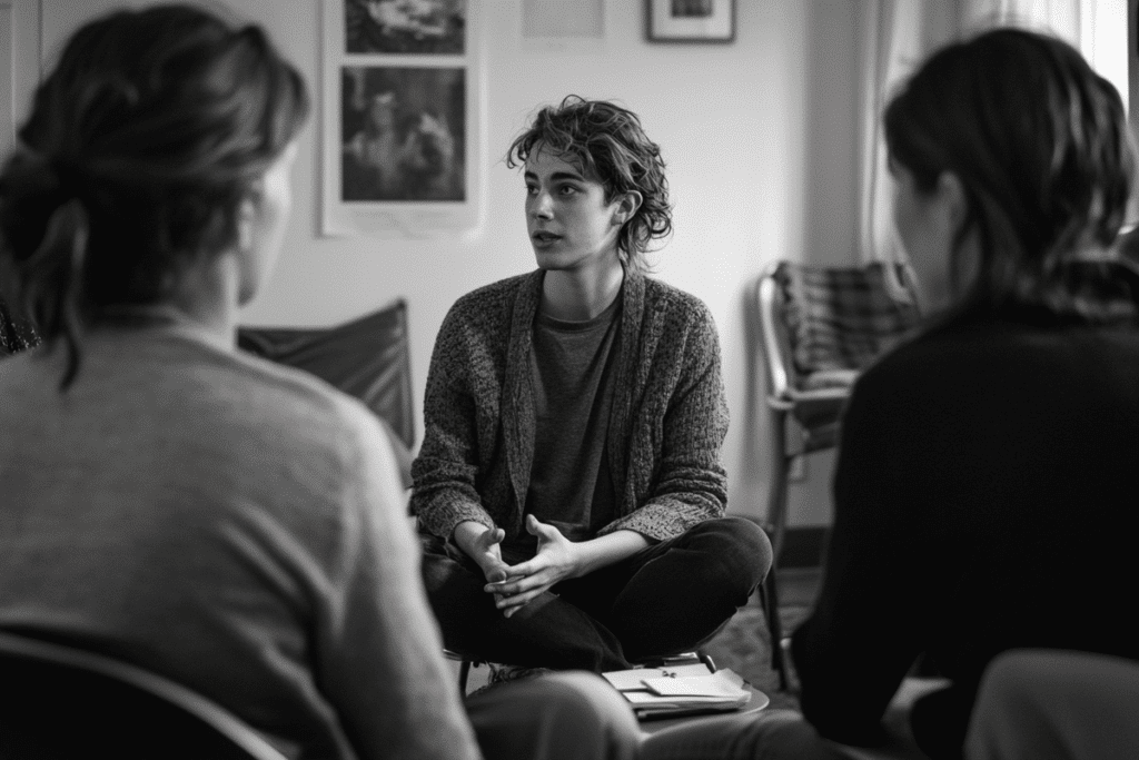 Traumatiske oplevelser. En mand sidder til samtaleterapi efter at have oplevet en traumatisk oplevelse.